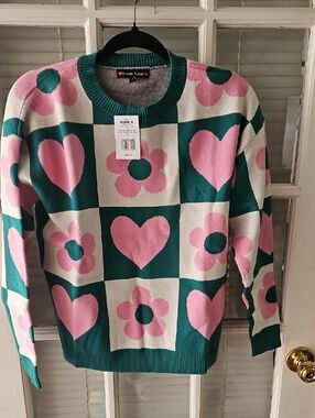 NWT Forever & Ever Retro Heart & Flower Knit Sweater - Pink & Teal.  Sz Small
